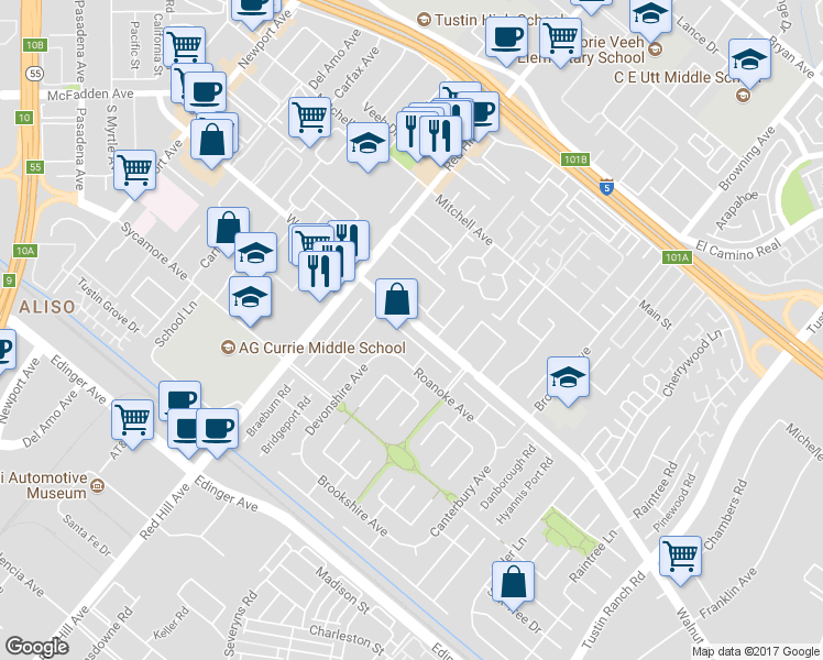 map of restaurants, bars, coffee shops, grocery stores, and more near 1641 Amherst Road in Tustin