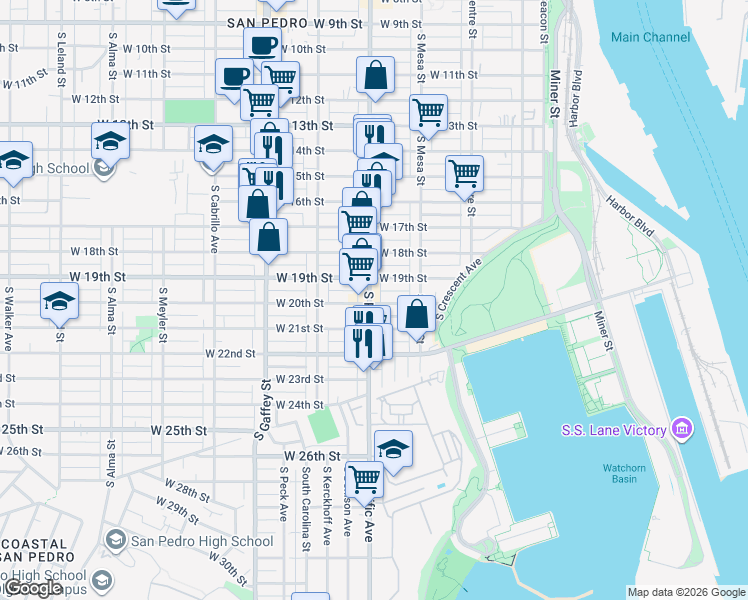 map of restaurants, bars, coffee shops, grocery stores, and more near 521 West 20th Street in Los Angeles