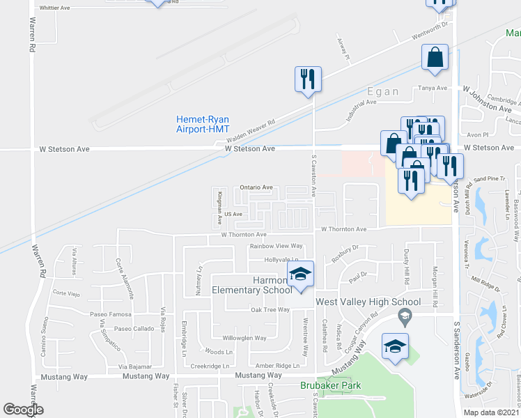 map of restaurants, bars, coffee shops, grocery stores, and more near 1295 South Cawston Avenue in Hemet