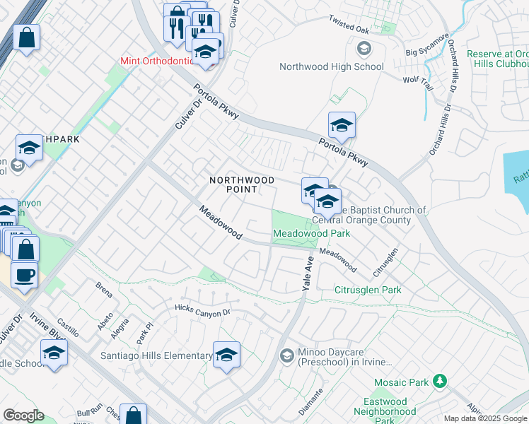map of restaurants, bars, coffee shops, grocery stores, and more near 11 Candlewood in Irvine