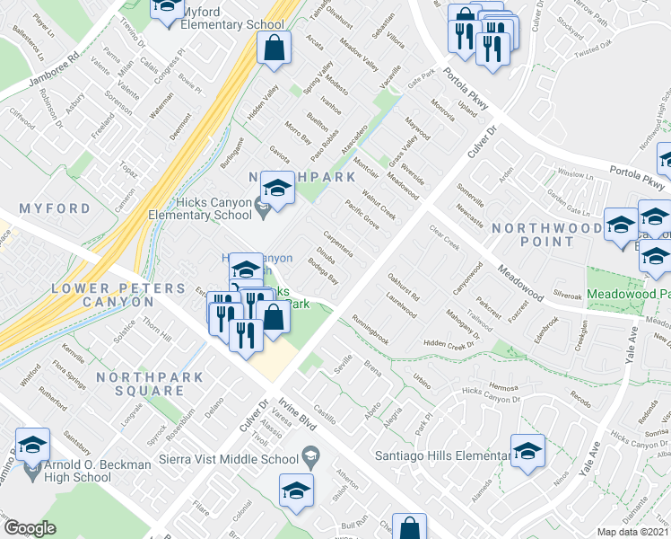 map of restaurants, bars, coffee shops, grocery stores, and more near 7 Bodega Bay in Irvine