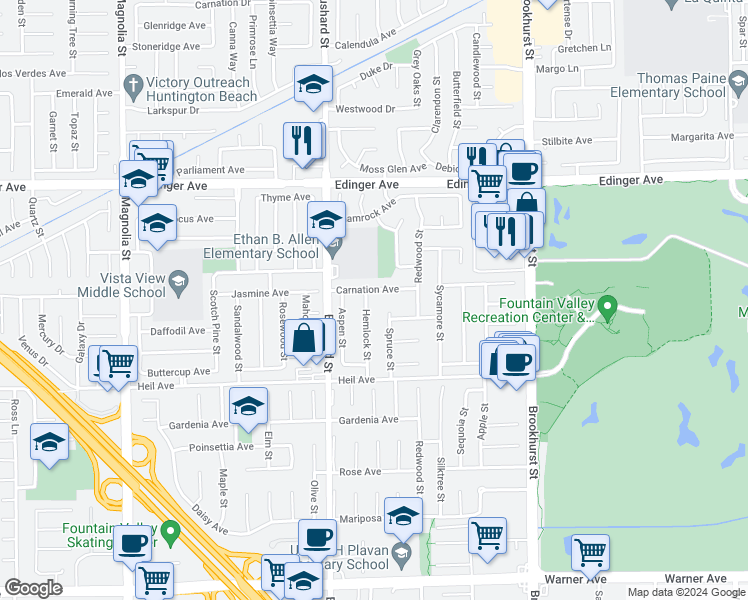 map of restaurants, bars, coffee shops, grocery stores, and more near 16314 Hemlock Street in Fountain Valley