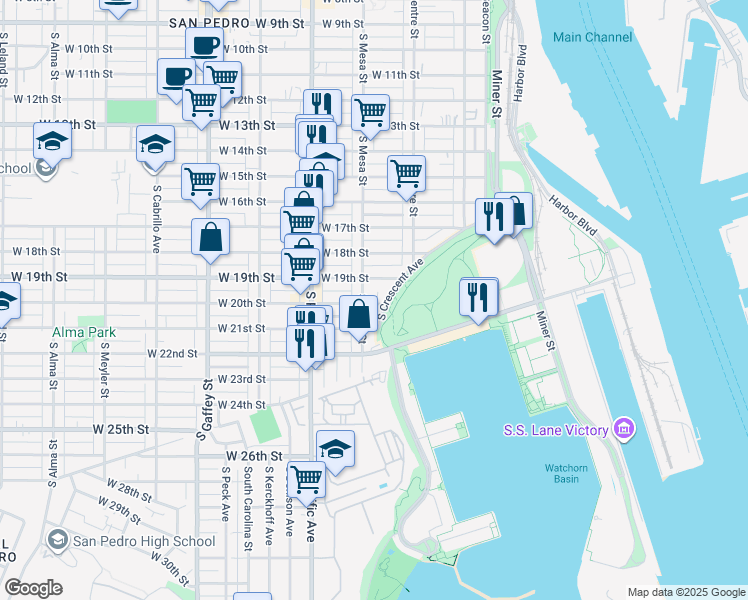 map of restaurants, bars, coffee shops, grocery stores, and more near 376 West 20th Street in Los Angeles