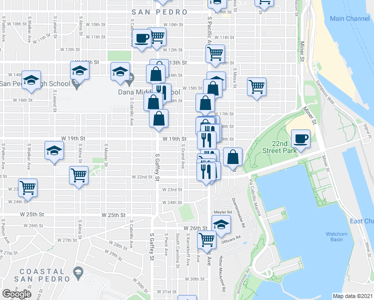 map of restaurants, bars, coffee shops, grocery stores, and more near 2002 South Grand Avenue in Los Angeles