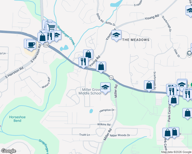 map of restaurants, bars, coffee shops, grocery stores, and more near 5697 Covington Highway in Decatur