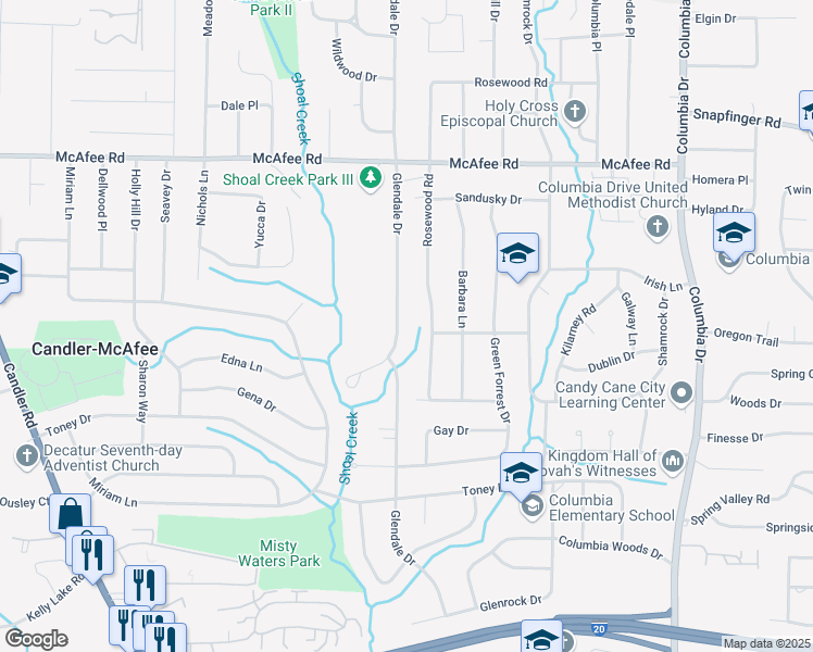 map of restaurants, bars, coffee shops, grocery stores, and more near 2183 Rosewood Road in Decatur