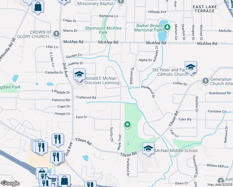 map of restaurants, bars, coffee shops, grocery stores, and more near 2183 Trailwood Road in Decatur