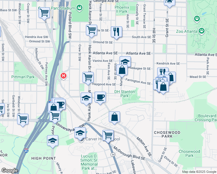 map of restaurants, bars, coffee shops, grocery stores, and more near 1043 Fern Avenue Southeast in Atlanta