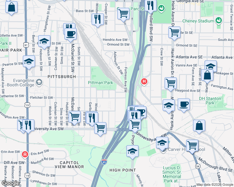 map of restaurants, bars, coffee shops, grocery stores, and more near 1046 West Avenue Southwest in Atlanta