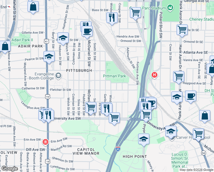 map of restaurants, bars, coffee shops, grocery stores, and more near 1054 Garibaldi Street Southwest in Atlanta
