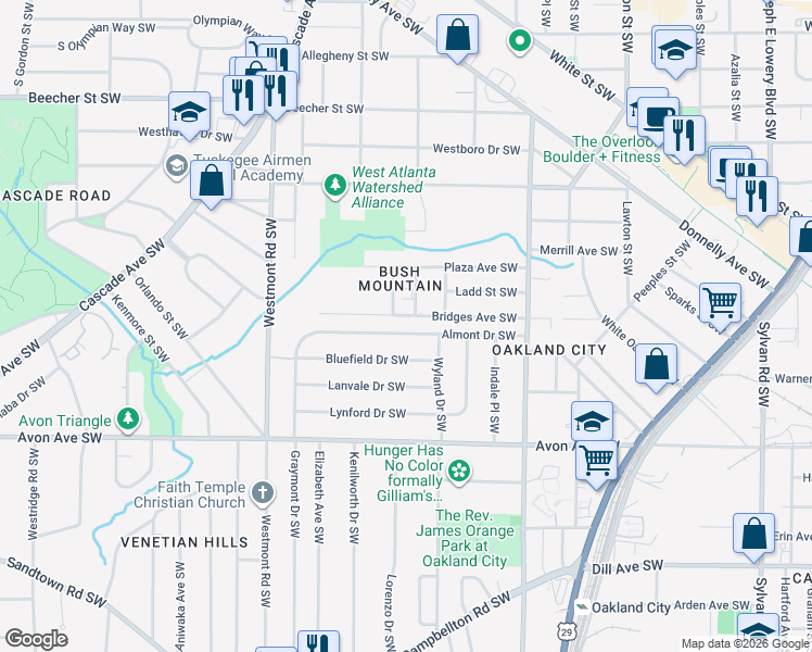 map of restaurants, bars, coffee shops, grocery stores, and more near 1345 Almont Drive Southwest in Atlanta