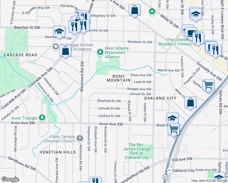 map of restaurants, bars, coffee shops, grocery stores, and more near 1375 Almont Drive Southwest in Atlanta