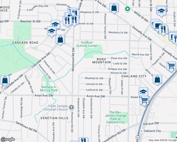map of restaurants, bars, coffee shops, grocery stores, and more near 1444 Almont Drive Southwest in Atlanta