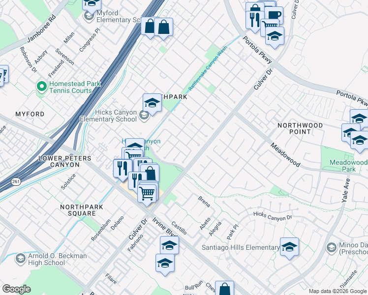 map of restaurants, bars, coffee shops, grocery stores, and more near 31 Dinuba in Irvine