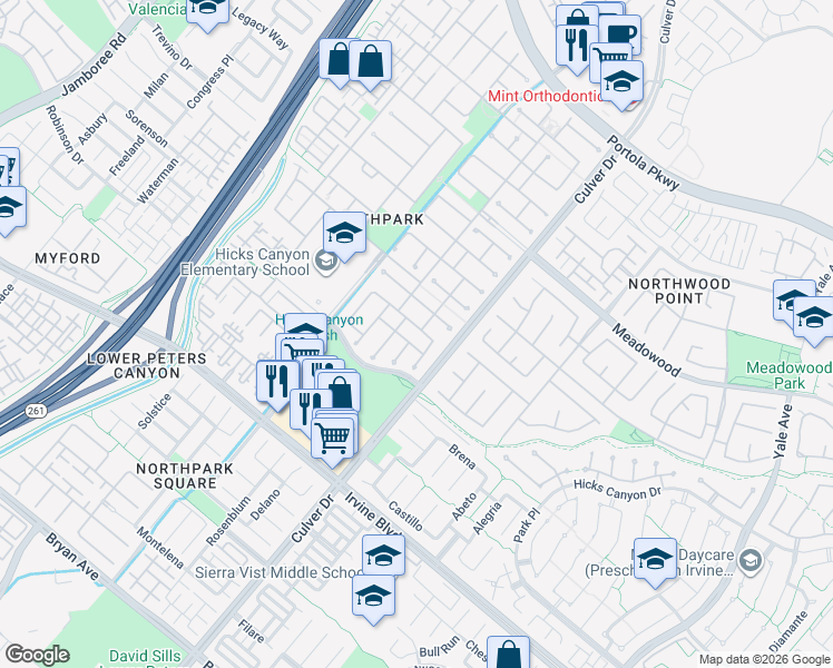 map of restaurants, bars, coffee shops, grocery stores, and more near 31 Dinuba in Irvine