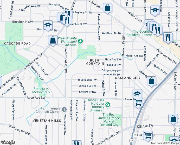 map of restaurants, bars, coffee shops, grocery stores, and more near 1383 Almont Drive Southwest in Atlanta