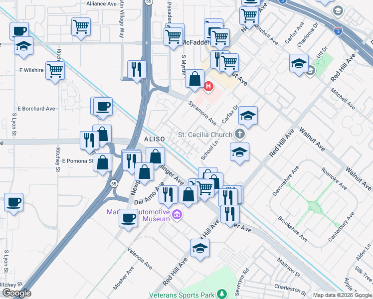 map of restaurants, bars, coffee shops, grocery stores, and more near 14880 Honey Court in Tustin