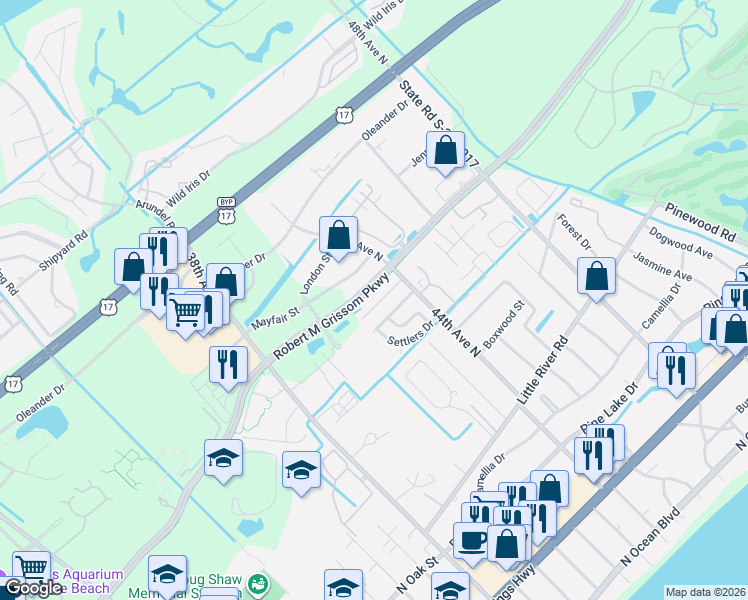 map of restaurants, bars, coffee shops, grocery stores, and more near 4303 Frontier Drive in Myrtle Beach