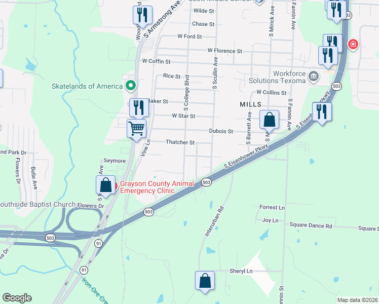 map of restaurants, bars, coffee shops, grocery stores, and more near 933 Amsden Street in Denison