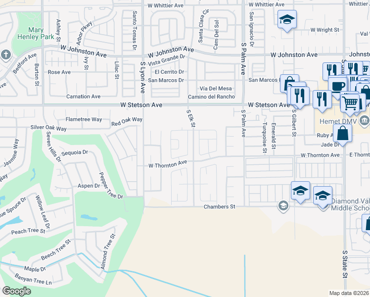 map of restaurants, bars, coffee shops, grocery stores, and more near 1267 Tradition Avenue in Hemet