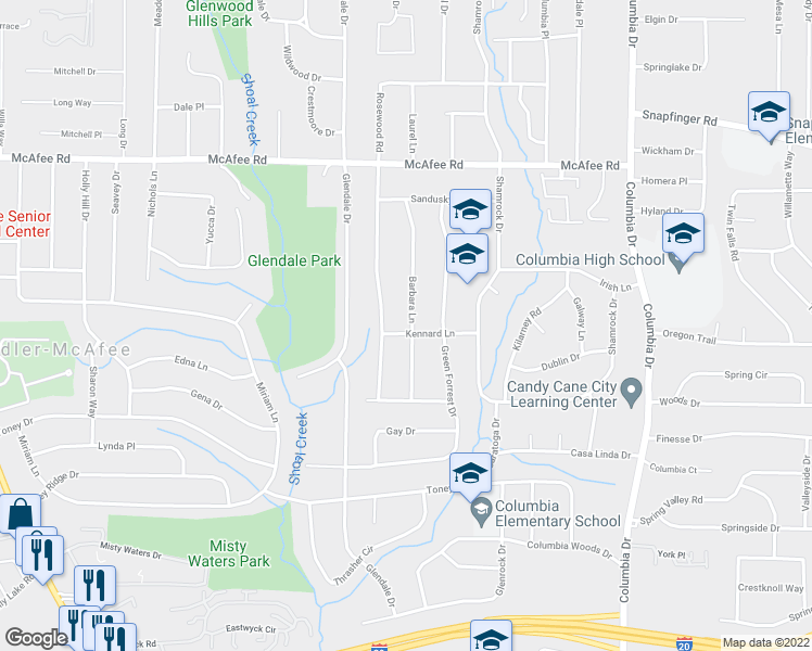 map of restaurants, bars, coffee shops, grocery stores, and more near 2169 Barbara Lane in Decatur