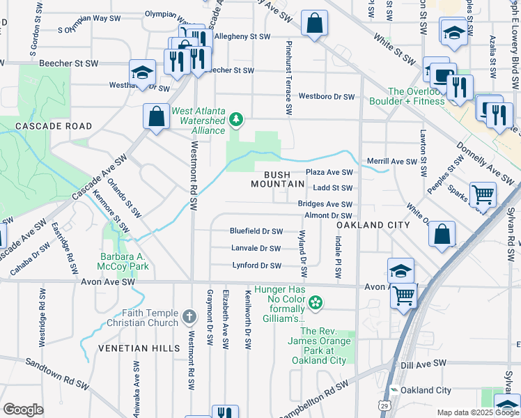 map of restaurants, bars, coffee shops, grocery stores, and more near 1389 Almont Drive Southwest in Atlanta