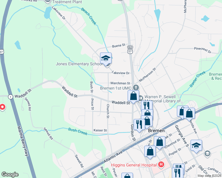 map of restaurants, bars, coffee shops, grocery stores, and more near 128 Sharp Street in Bremen