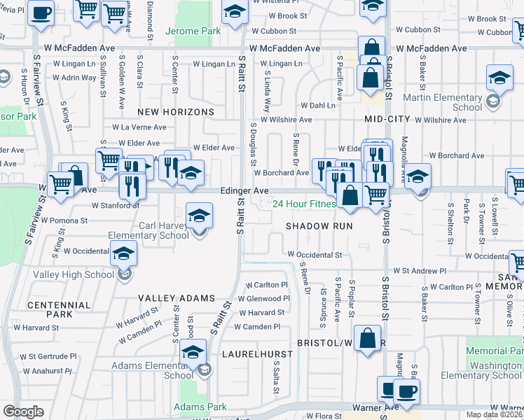map of restaurants, bars, coffee shops, grocery stores, and more near 1509 South Raitt Street in Santa Ana