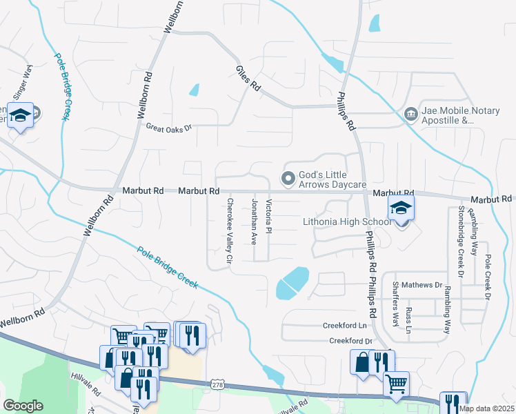 map of restaurants, bars, coffee shops, grocery stores, and more near 2139 Jonathan Avenue in Lithonia