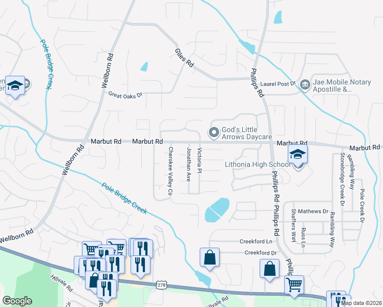 map of restaurants, bars, coffee shops, grocery stores, and more near 2139 Jonathan Avenue in Lithonia