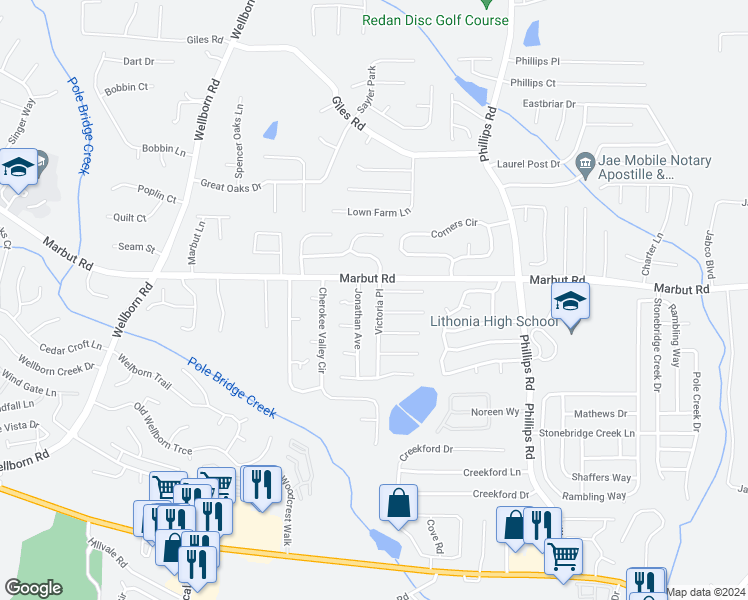 map of restaurants, bars, coffee shops, grocery stores, and more near 2133 Victoria Place in Lithonia