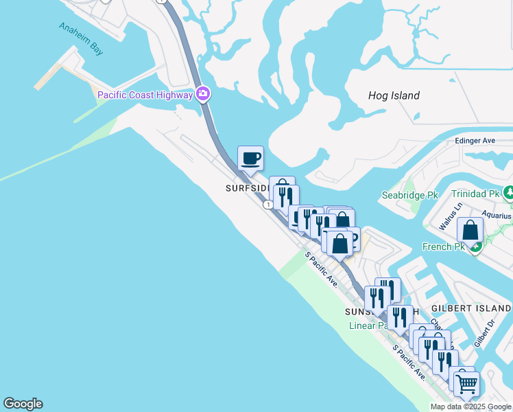 map of restaurants, bars, coffee shops, grocery stores, and more near 44A Surfside Avenue in Huntington Beach