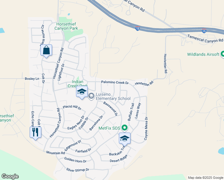 map of restaurants, bars, coffee shops, grocery stores, and more near 27089 Adelanto Drive in Corona