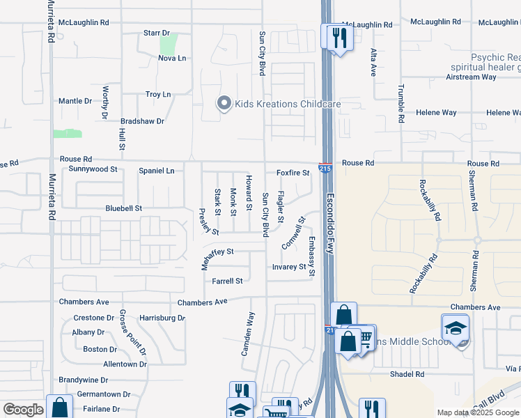 map of restaurants, bars, coffee shops, grocery stores, and more near 28321 Sun City Boulevard in Menifee