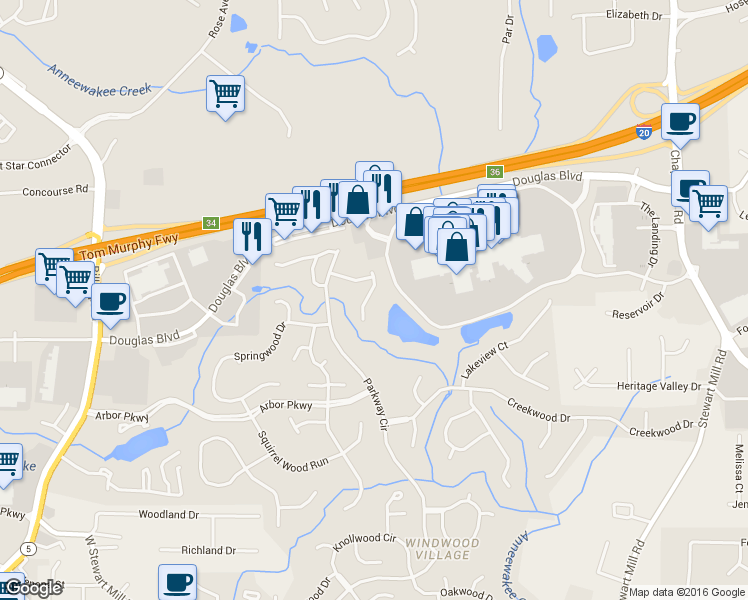 map of restaurants, bars, coffee shops, grocery stores, and more near 6841 Lakewood Terrace in Douglasville