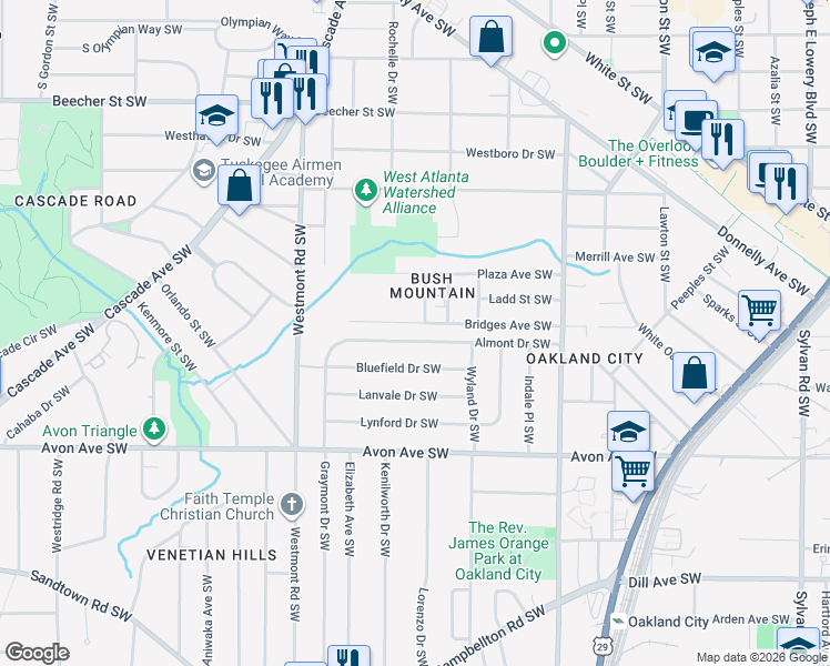 map of restaurants, bars, coffee shops, grocery stores, and more near 1375 Almont Drive Southwest in Atlanta