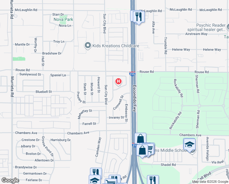 map of restaurants, bars, coffee shops, grocery stores, and more near 28076 Foxfire Street in Menifee