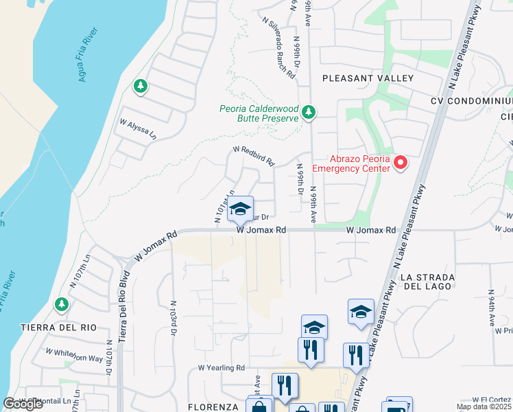 map of restaurants, bars, coffee shops, grocery stores, and more near 10052 West Spur Drive in Peoria