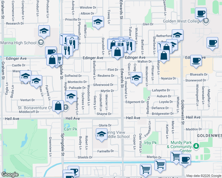 map of restaurants, bars, coffee shops, grocery stores, and more near 6382 Myrtle Drive in Huntington Beach