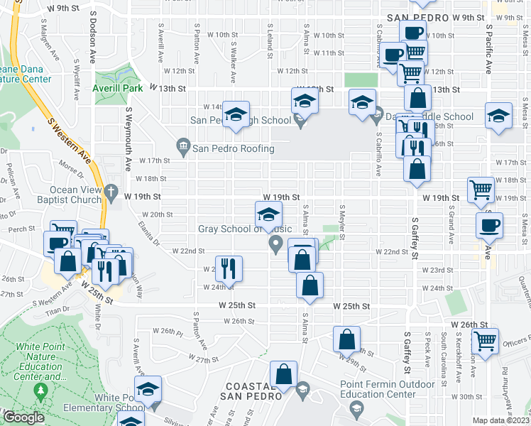 map of restaurants, bars, coffee shops, grocery stores, and more near 1939 South Leland Street in Los Angeles