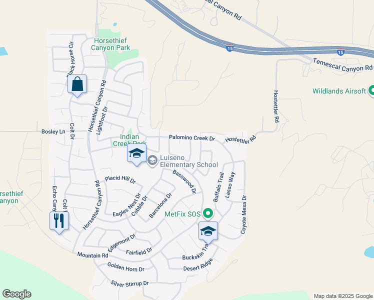map of restaurants, bars, coffee shops, grocery stores, and more near 27089 Adelanto Drive in Corona