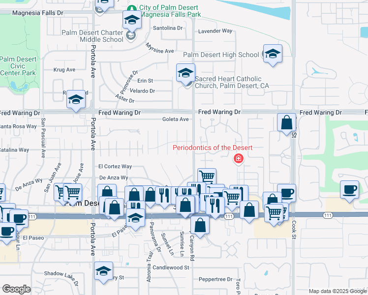 map of restaurants, bars, coffee shops, grocery stores, and more near 44401 Kings Canyon Lane in Palm Desert