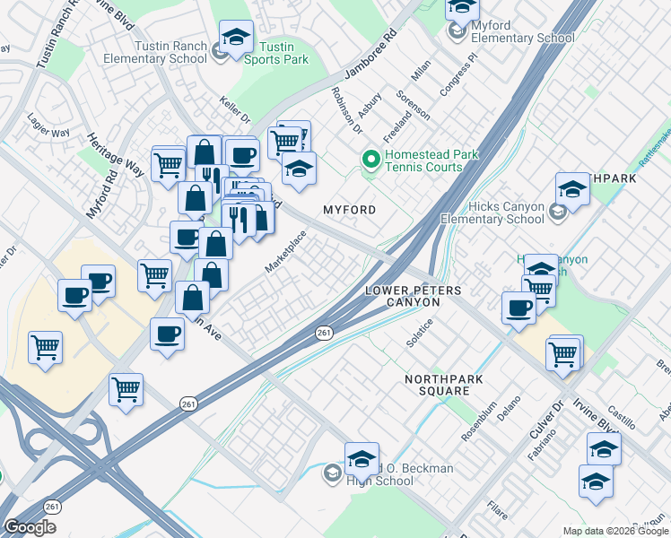 map of restaurants, bars, coffee shops, grocery stores, and more near 2311 Anacapa in Irvine