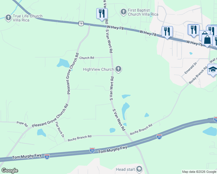map of restaurants, bars, coffee shops, grocery stores, and more near 1220 South Van Wert Road in Villa Rica