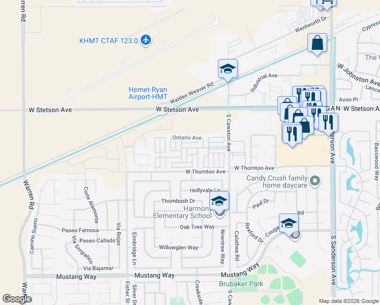 map of restaurants, bars, coffee shops, grocery stores, and more near 1295 South Cawston Avenue in Hemet