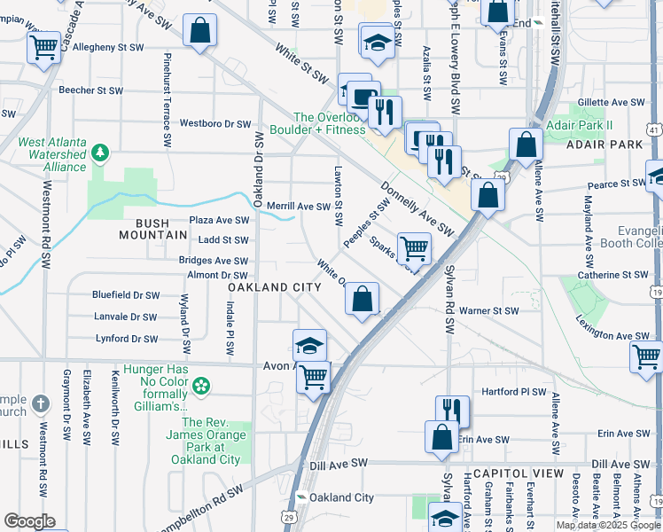 map of restaurants, bars, coffee shops, grocery stores, and more near 1101 White Oak Avenue Southwest in Atlanta