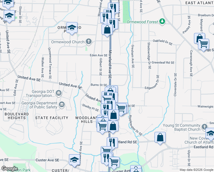 map of restaurants, bars, coffee shops, grocery stores, and more near 1045 Moreland Avenue Southeast in Atlanta