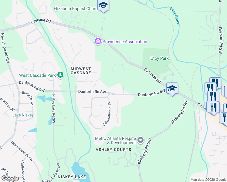 map of restaurants, bars, coffee shops, grocery stores, and more near 4175 Danforth Road Southwest in Atlanta