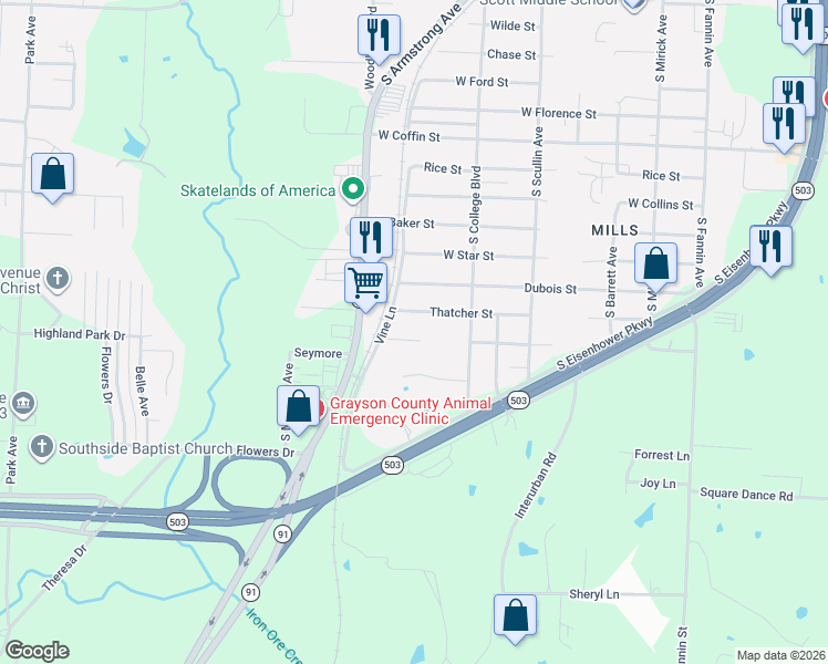 map of restaurants, bars, coffee shops, grocery stores, and more near 1205 Amsden Circle in Denison