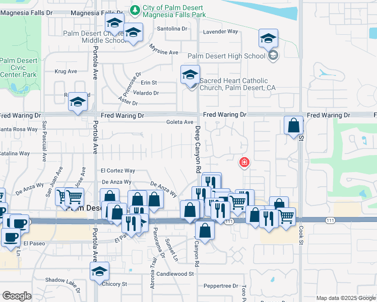 map of restaurants, bars, coffee shops, grocery stores, and more near 44401 Kings Canyon Lane in Palm Desert